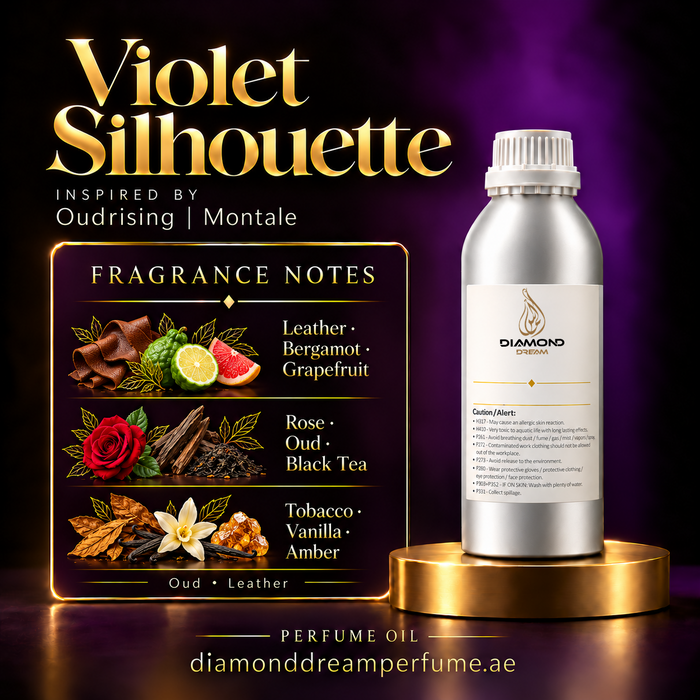 Violet Silhouette perfume oil — inspired by Oudrising | Montale; notes: Leather · Bergamot · Grapefruit; Rose · Oud · Black Tea; Tobacco · Vanilla · Amber.