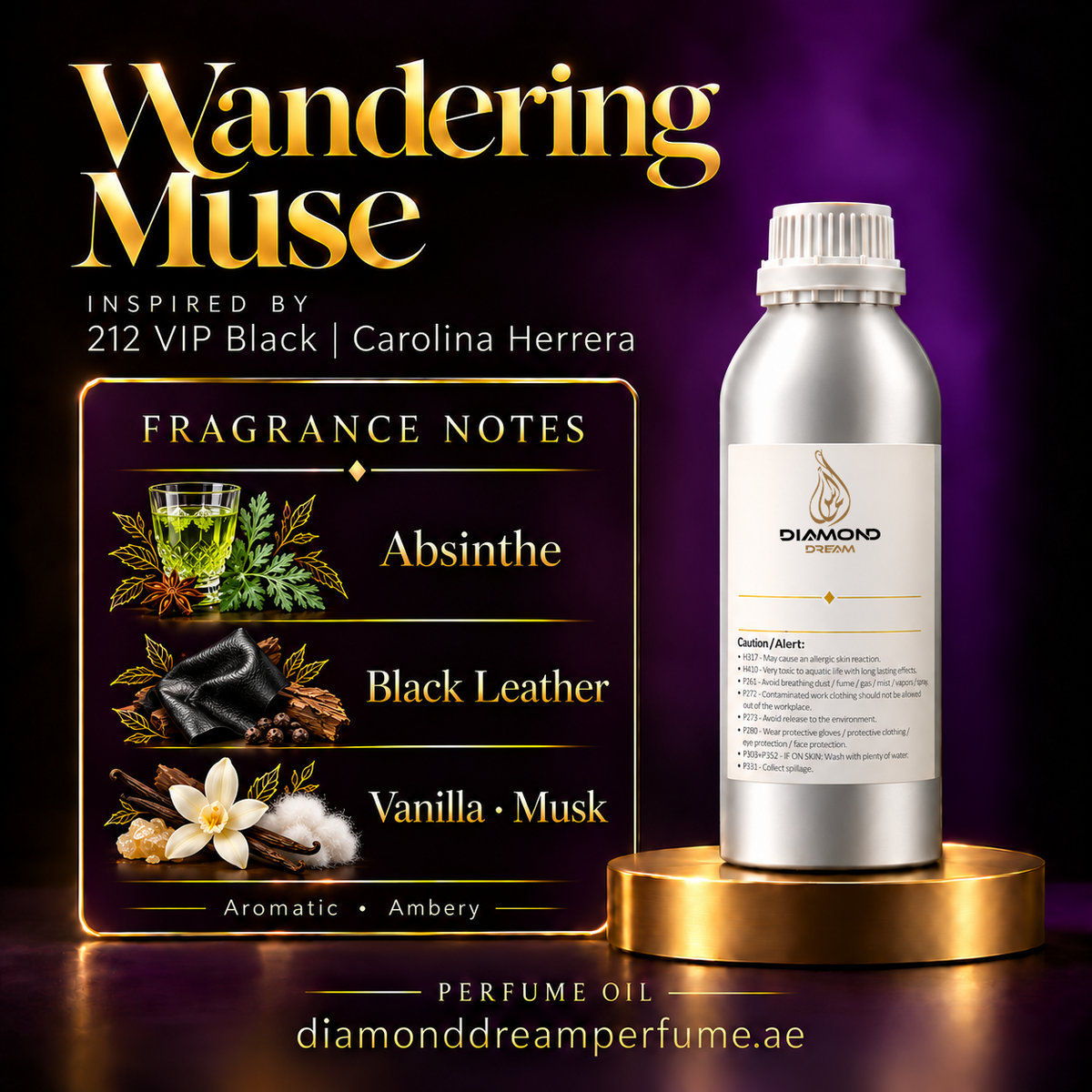 Wandering Muse perfume oil — inspired by 212 VIP Black | Carolina Herrera; notes: Absinthe; Black Leather; Vanilla · Musk.
