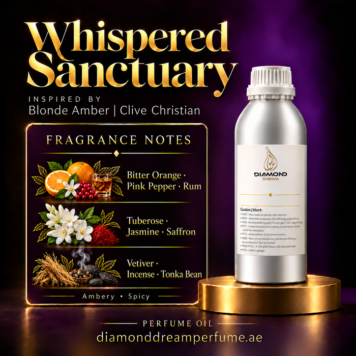 Whispered Sanctuary perfume oil — inspired by Blonde Amber | Clive Christian; notes: Bitter Orange · Pink Pepper · Rum; Tuberose · Jasmine · Saffron; Vetiver · Incense · Tonka Bean.